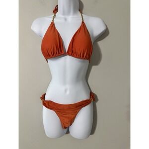 VIX Paula Hermanny Orange Halter Chain Bikini Swimsuit Size L Top & S Bottom
